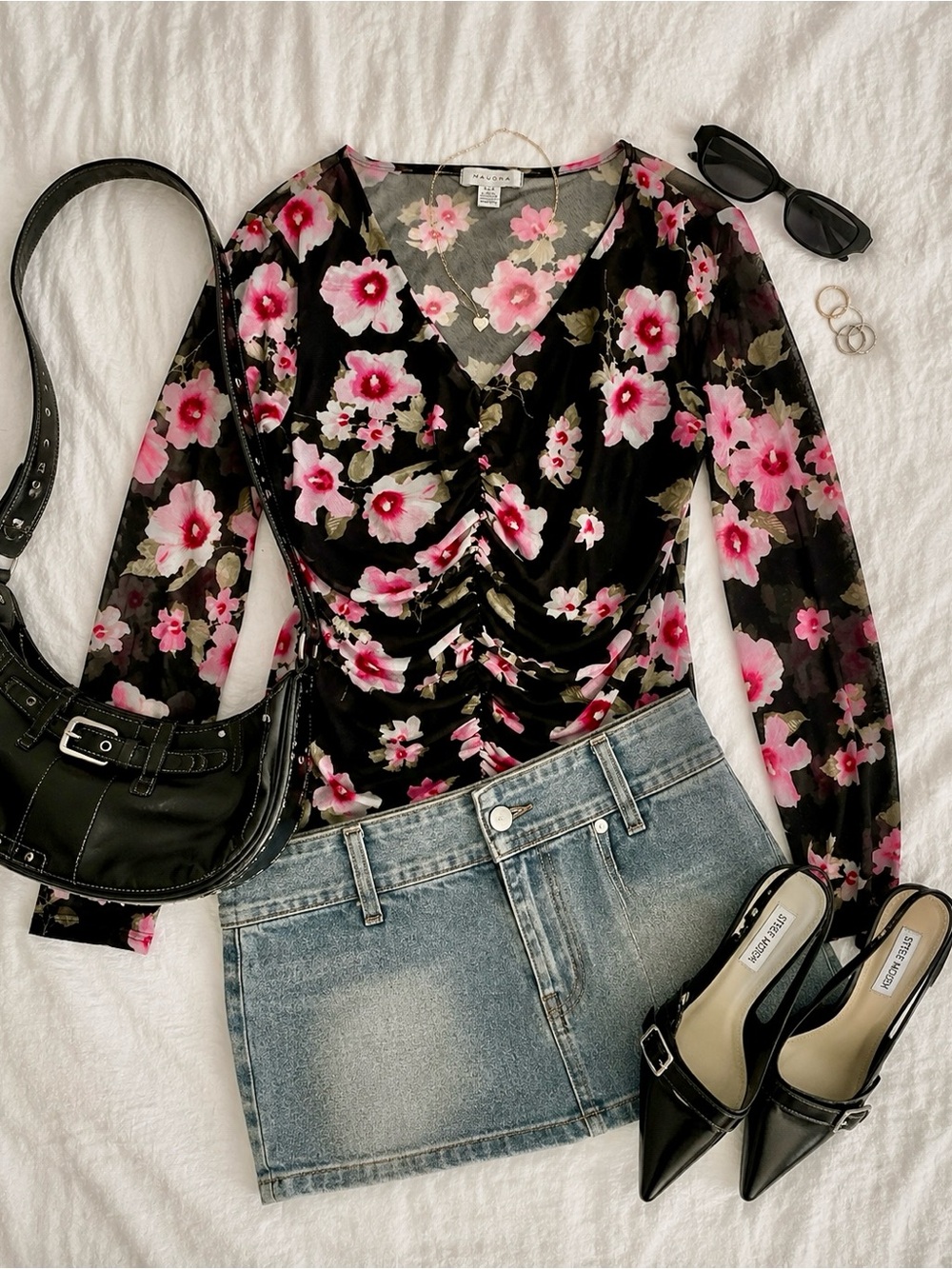 Y2K Floral Mesh Ruched Top Sheer Long Sleeve Fairy Grunge Coquette L